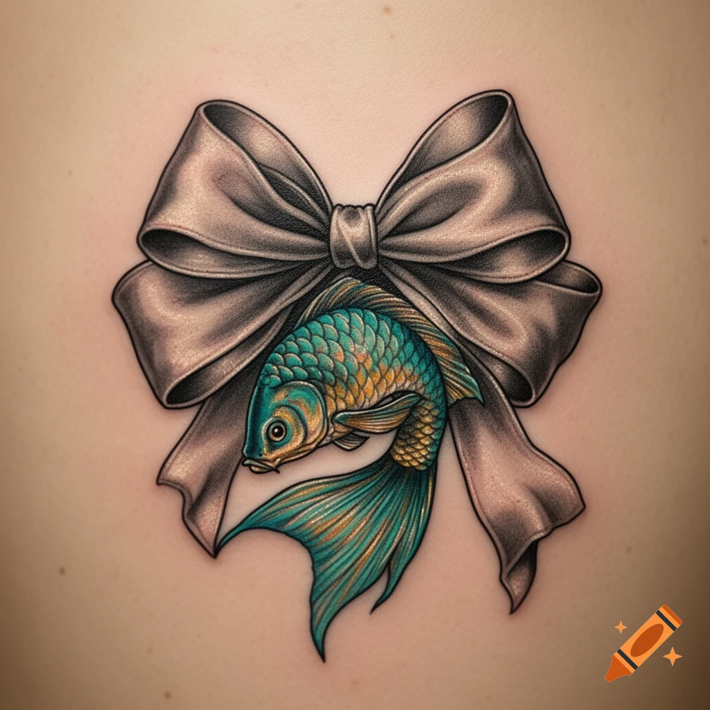 A colorful tattoo of a turquoise and gold fish swimming behind a grey bow, on light skin.