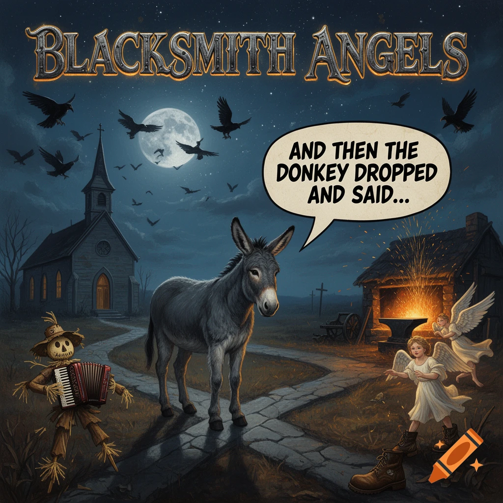 Moonlit album cover with a donkey, church, forge, angels, and scarecrow. Text: BLACKSMITH ANGELS & "AND THEN THE DONKEY DROPPED AND SAID..."