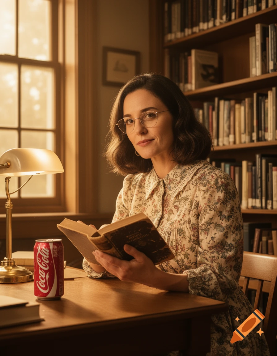A woman with glasses and short dark hair sits at a wooden desk in a dimly lit library, reading a book. A Coca-Cola can and a lamp are on the desk.