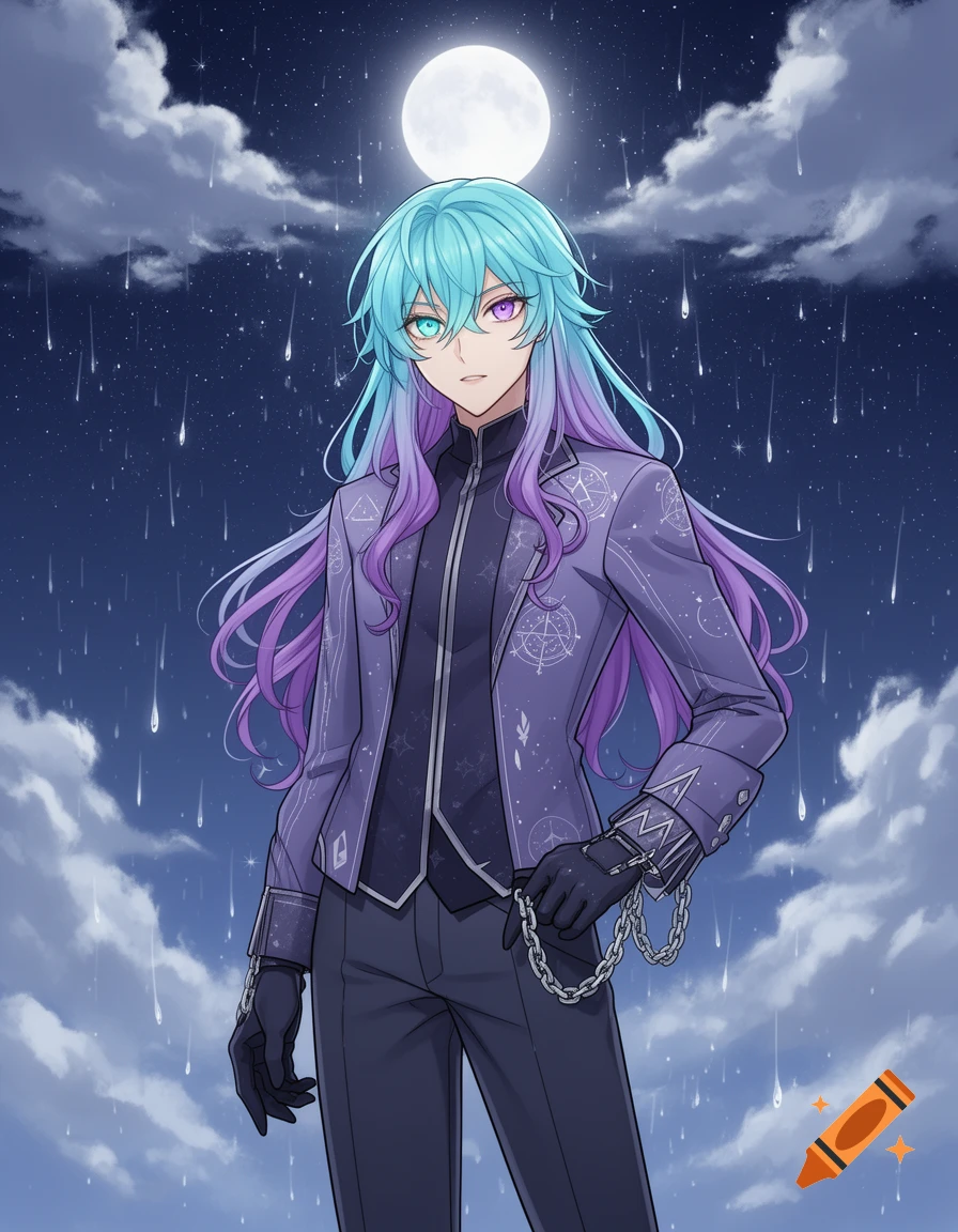 Anime character with blue and purple hair and heterochromia, wearing a dark suit with mystical symbols under a full moon and falling stars.