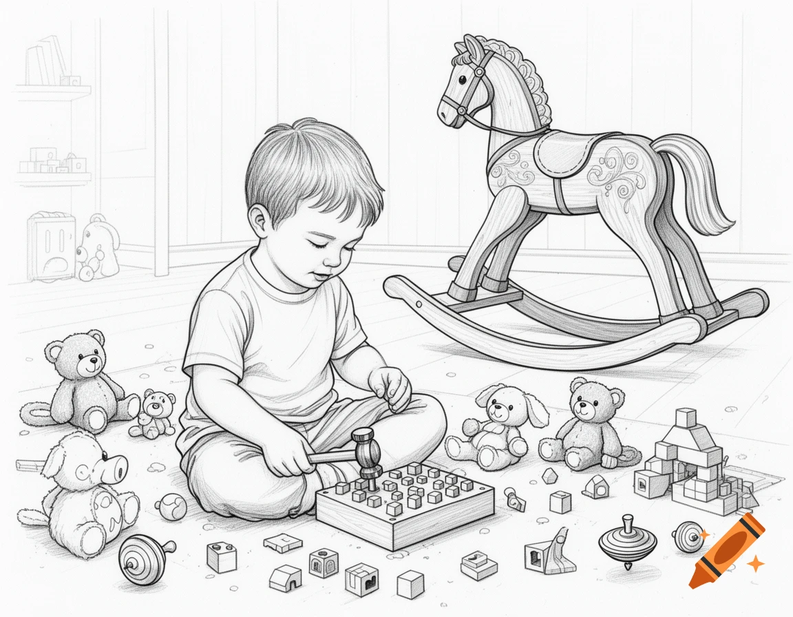 Line drawing of a child playing with a hammer and peg toy on the floor, surrounded by stuffed animals and blocks, with a rocking horse.