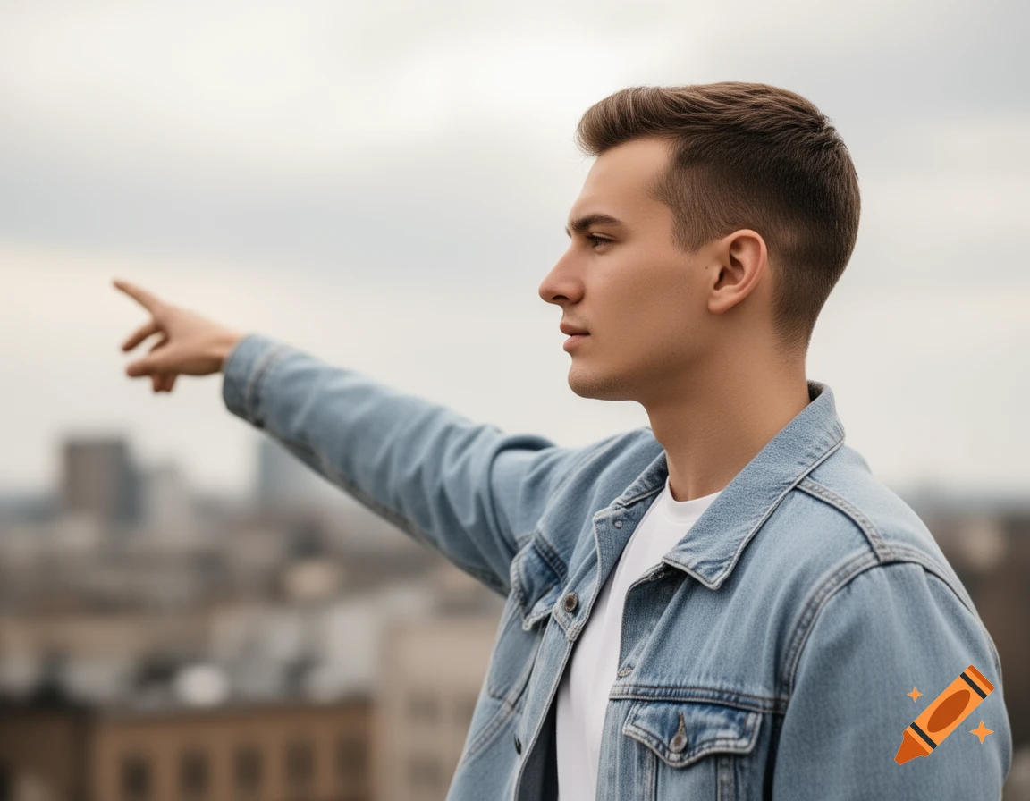 A young man in a denim jacket, seen in profile, points to the right with his arm extended, against a blurred cityscape.