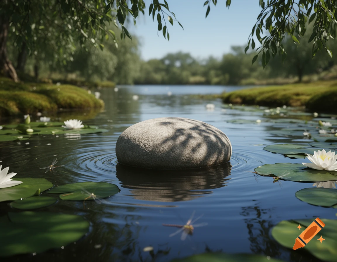 A large, smooth gray rock sits in a calm pond, surrounded by green lily pads, white water lilies, and dragonflies, under dappled sunlight.