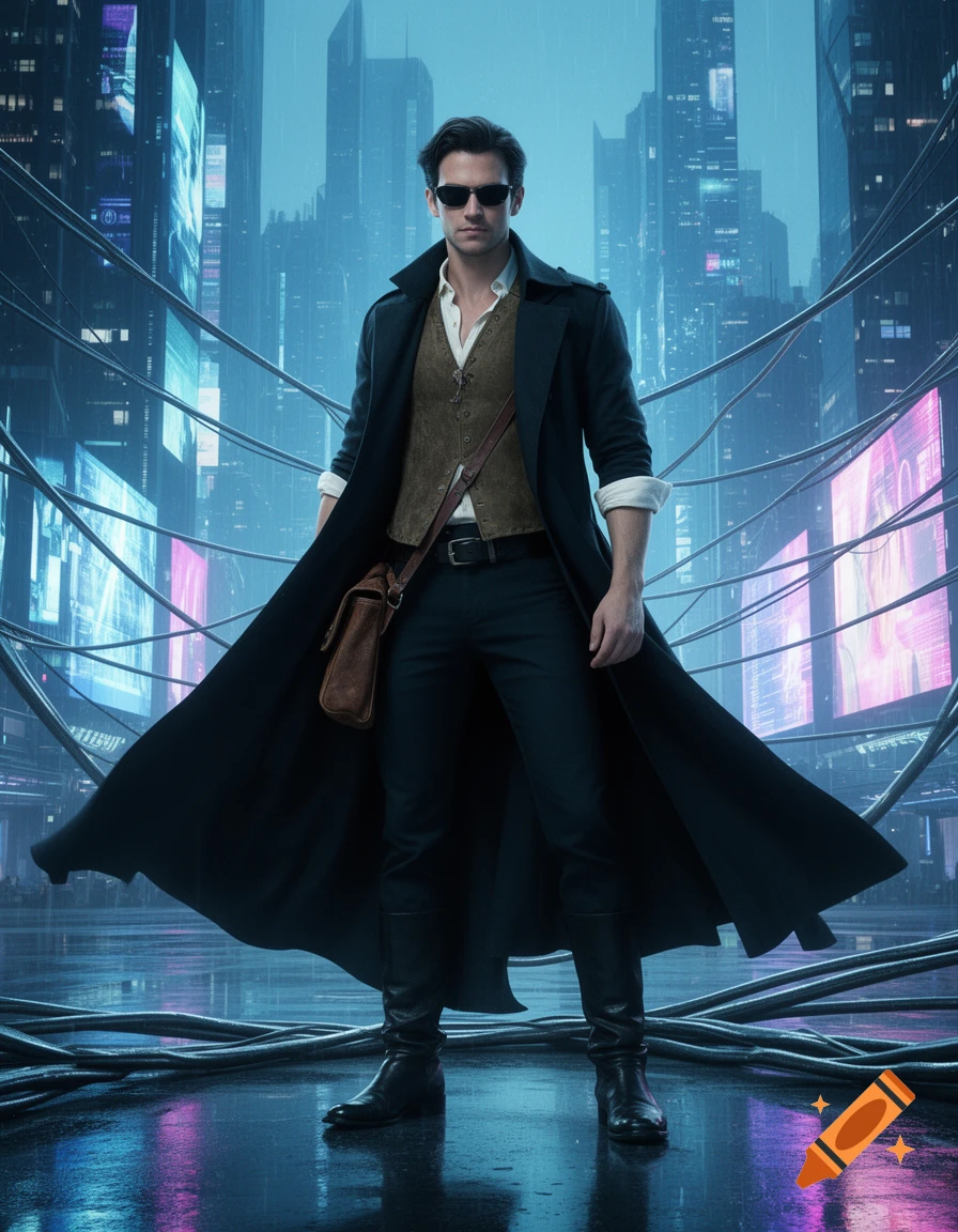 A stylish man in sunglasses and a black trench coat stands in a futuristic cyberpunk city with neon lights.