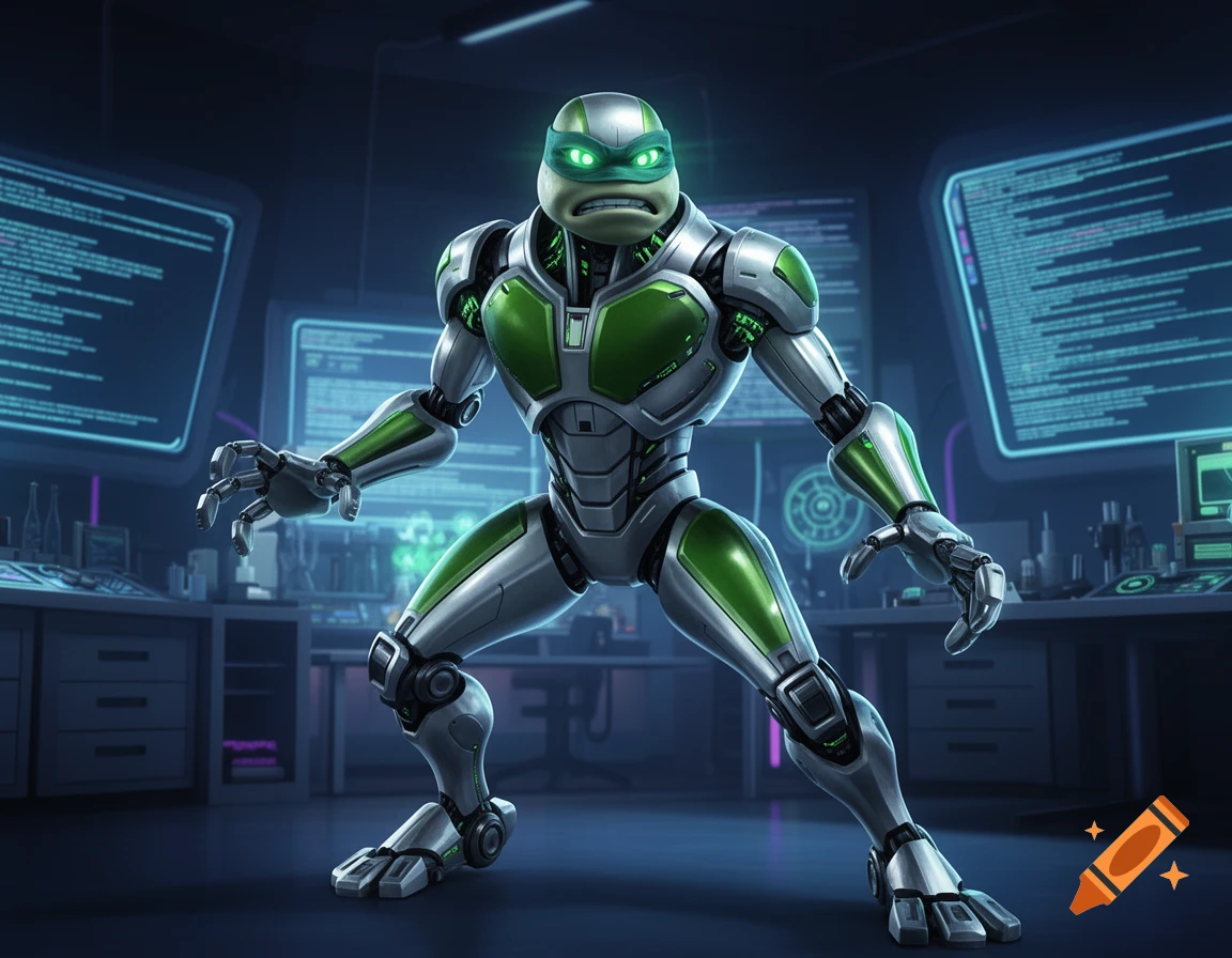 A 3D rendered robotic turtle with green and silver armor and glowing eyes stands in a futuristic lab with computer screens.