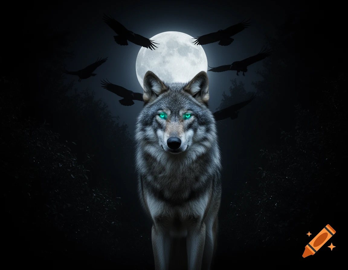 Grey wolf with glowing turquoise eyes stands before a full moon and silhouetted crows in a dark, misty forest.