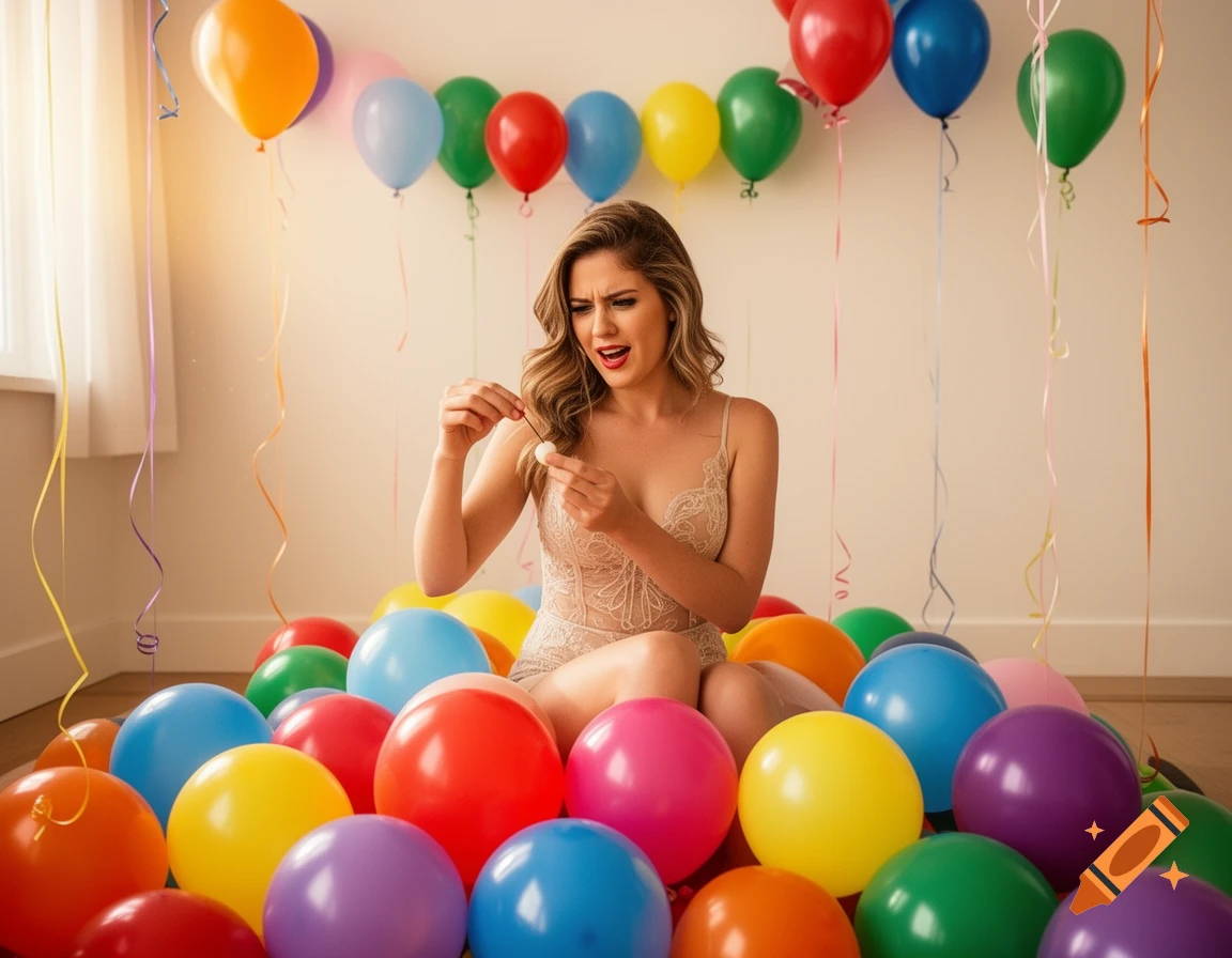 A woman in a sheer bodysuit sits among colorful balloons, looking apprehensive as she holds a thumbtack.