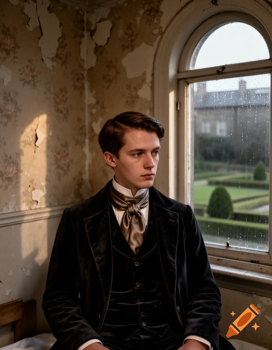 Young man in a dark Victorian suit and cravat sits in a dilapidated room, looking out a rainy arched window at a garden.