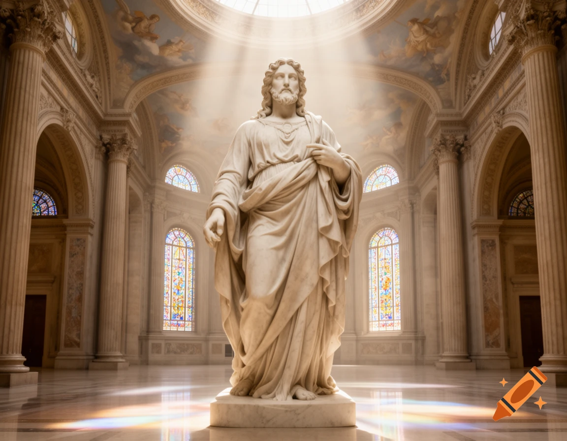 Photorealistic statue of Jesus Christ in a grand, sunlit cathedral with stained glass windows.