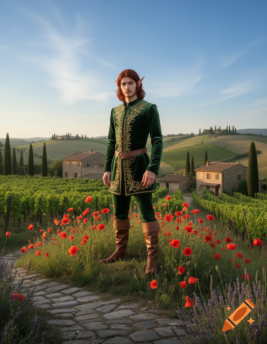 An elf with red hair and green eyes in a green tunic and brown boots stands among red poppies and lavender on a stone path, with a Tuscan landscape of vineyards and houses behind.