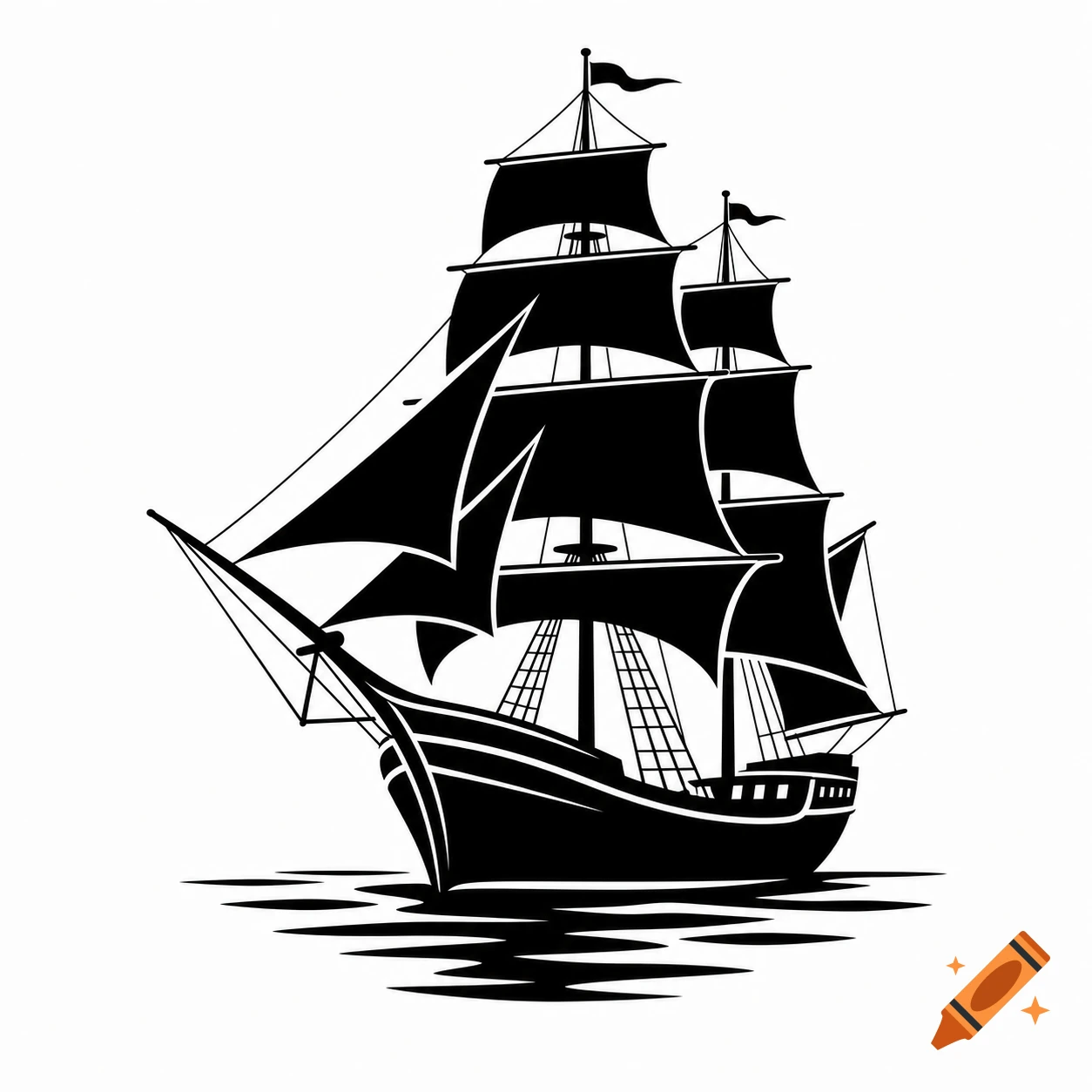 A black and white silhouette logo of a multi-masted sailing ship on water, with flags flying.