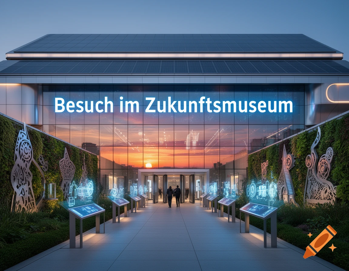Photorealistic image of a modern museum with 'Besuch im Zukunftsmuseum' on its facade, solar panels, and glowing outdoor exhibits at sunset.
