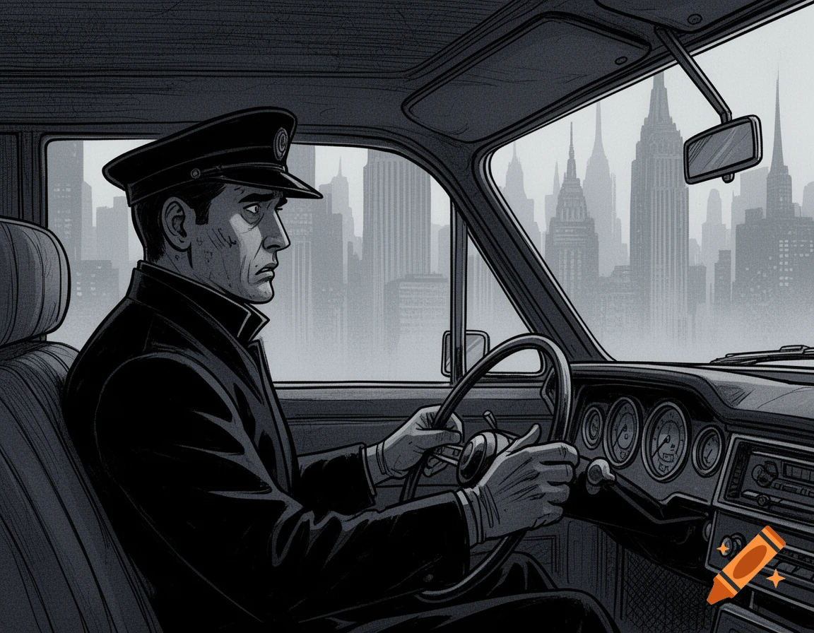 Stylized graphic novel illustration of a lonely chauffeur in a parked car with blurred New York skyscrapers in the background.