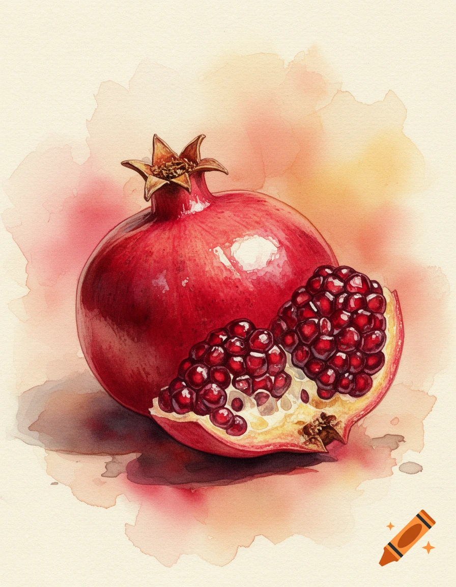 A vibrant watercolor painting of a whole red pomegranate next to a halved one, showing its arils.