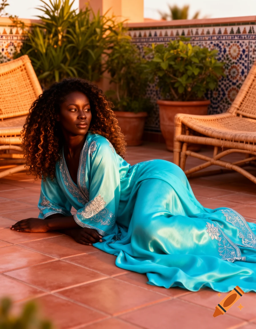 Dark-skinned woman in a vibrant blue embroidered kaftan lying on a terracotta tiled rooftop with plants.
