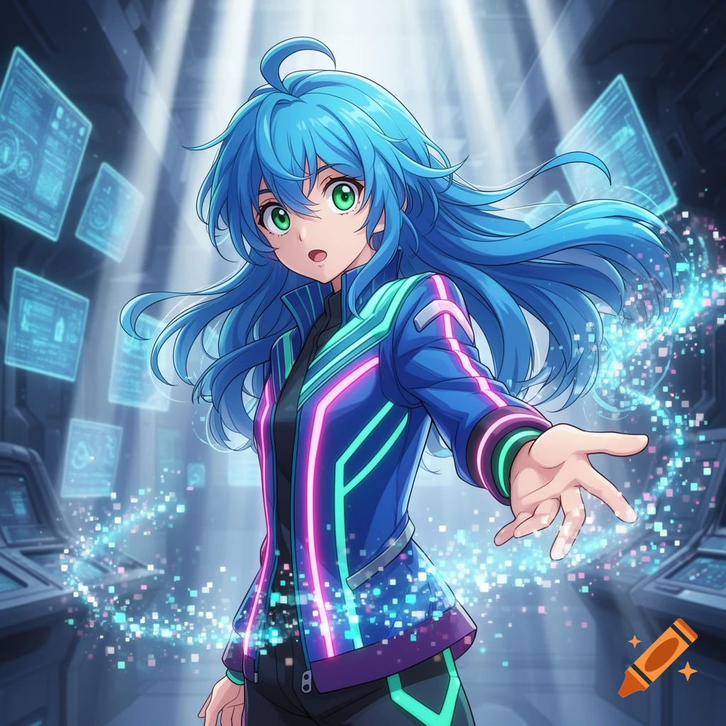 An anime girl with bright blue hair and glowing green eyes wears a neon-lined jacket in a futuristic room with floating data screens.