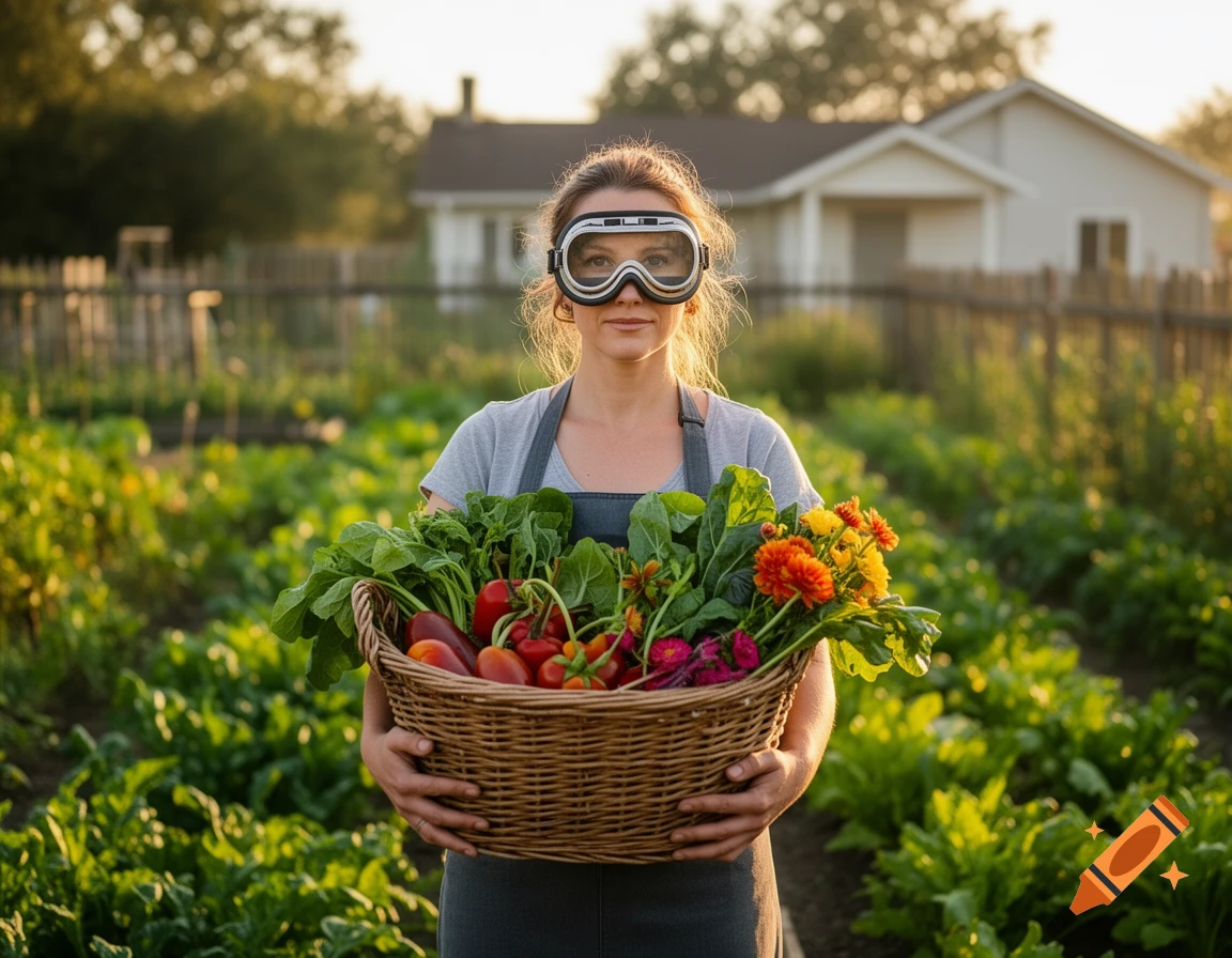 A woman in goggles holds a basket of fresh vegetables and flowers in a sunny garden with a house behind her.