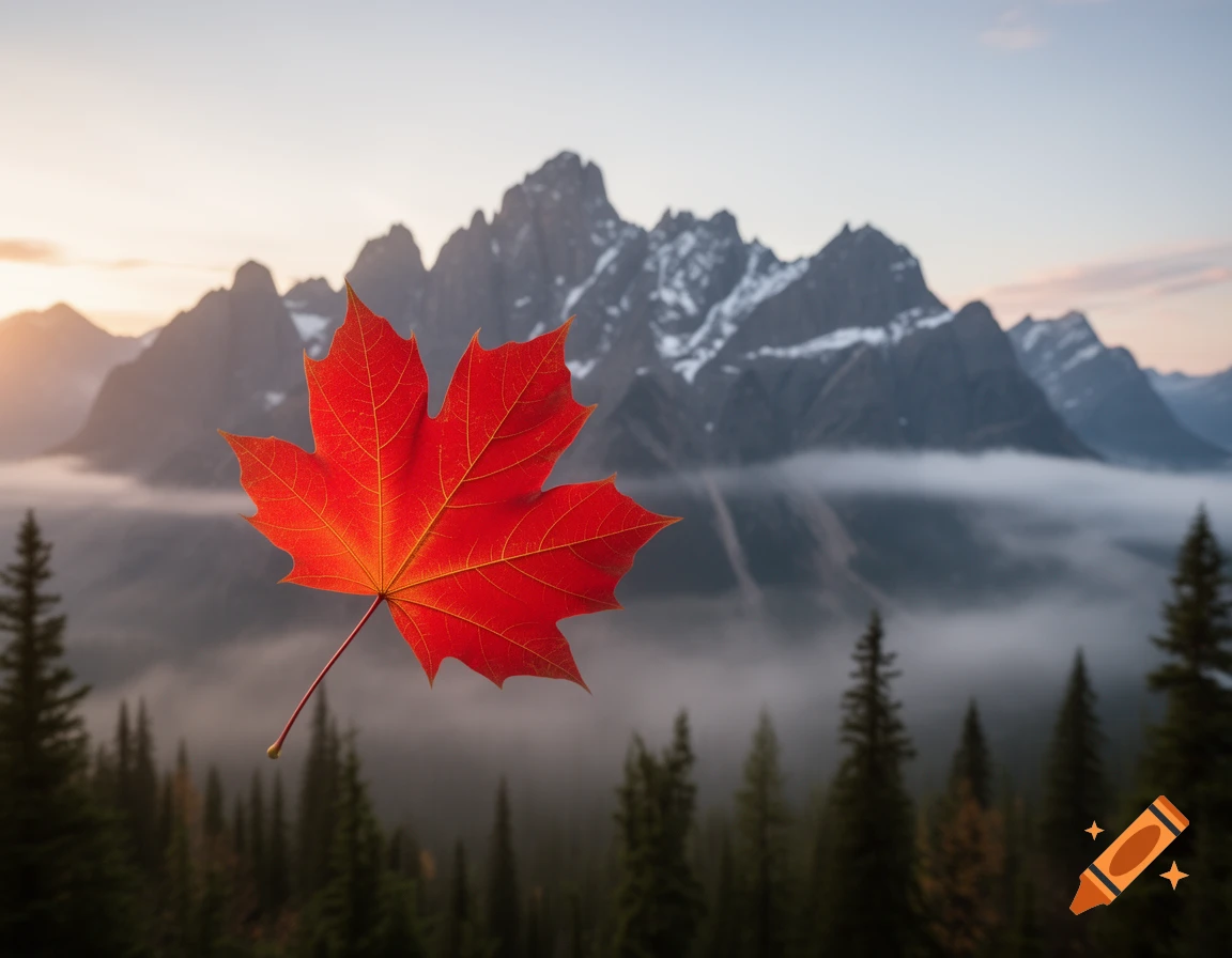 A vibrant red maple leaf floats in front of majestic Canadian Rocky Mountains with snow-capped peaks and mist. Photorealistic.