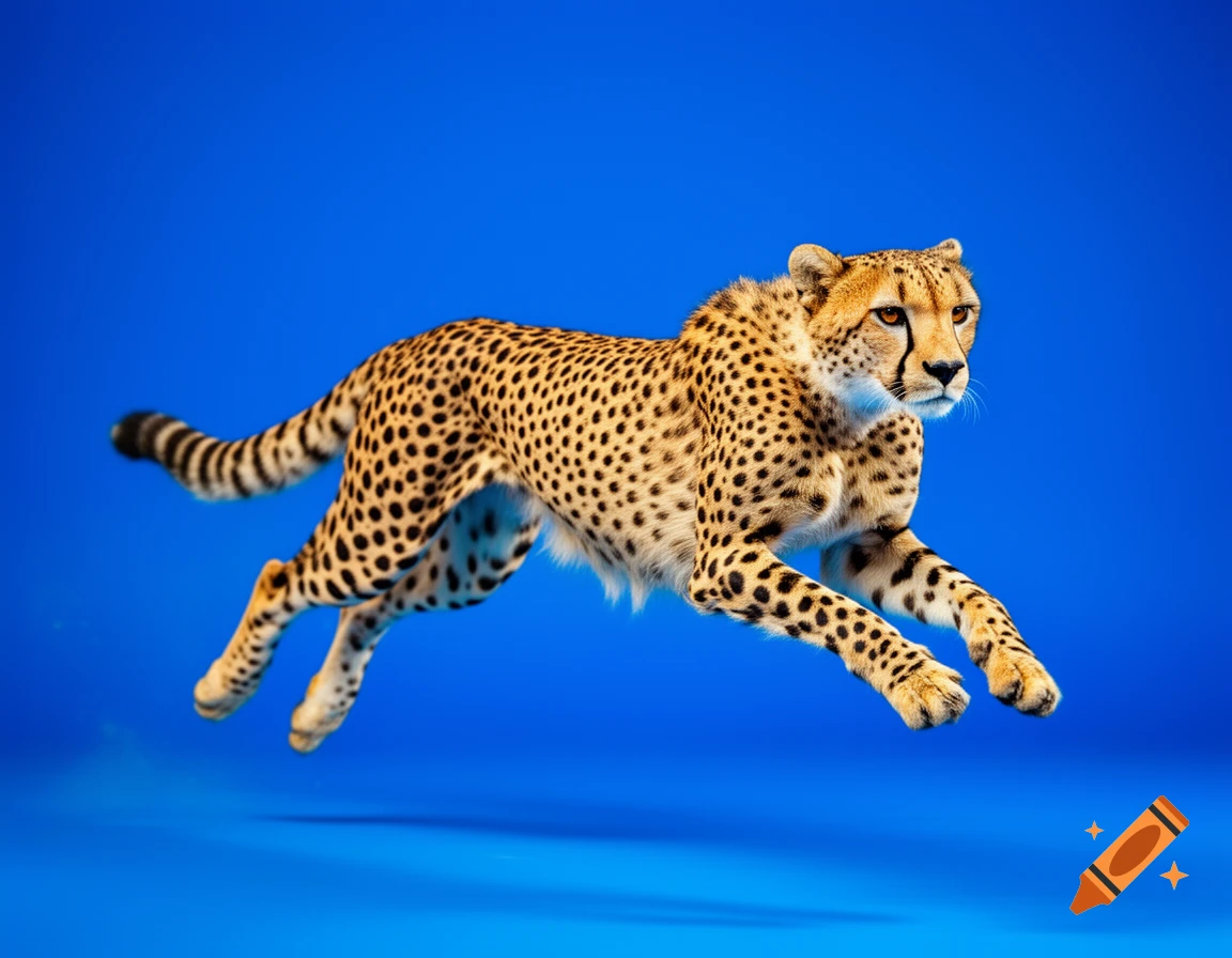 A photorealistic cheetah runs and leaps against a solid royal blue background.