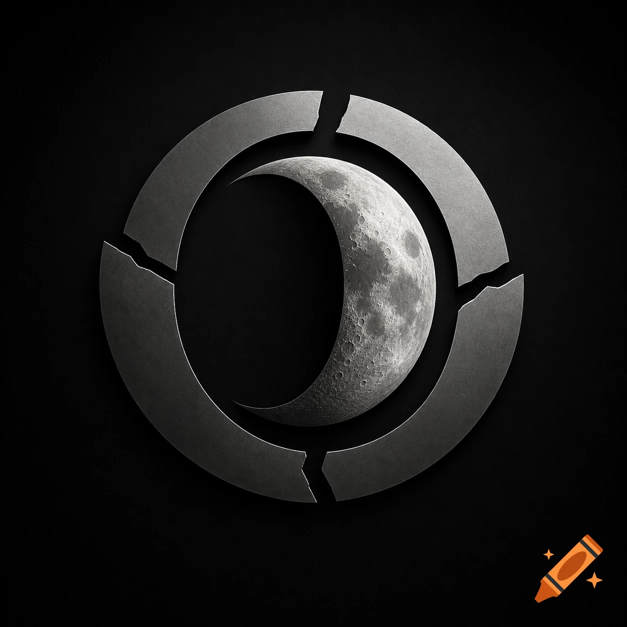 A crescent moon inside a broken dark gray ring on a black background.
