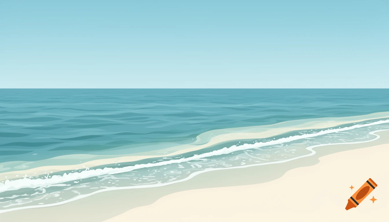 Minimalist illustration of a calm beach with gentle waves meeting the light sand under a clear sky.
