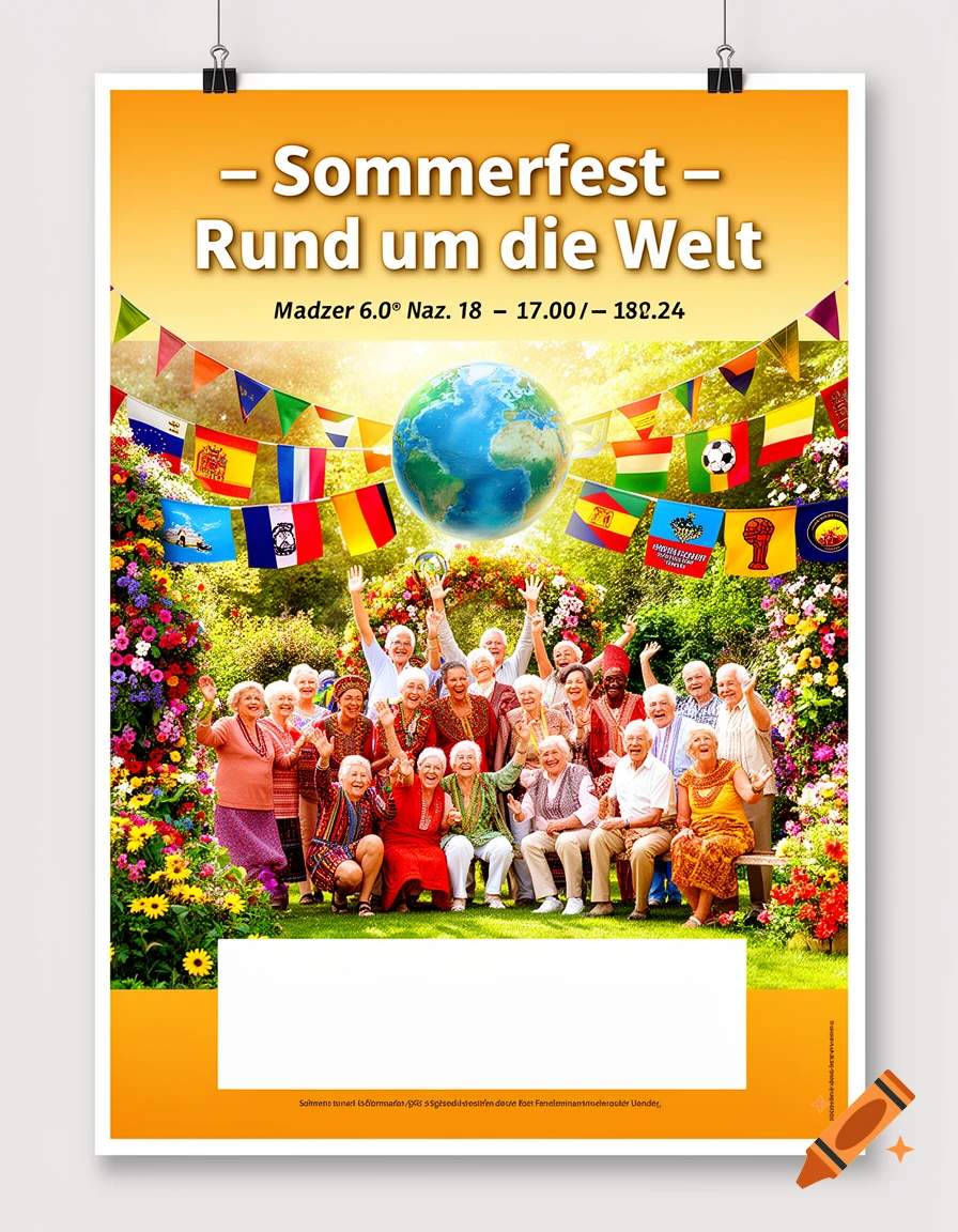 A vibrant poster for a 'World Tour Summer Festival' at a senior residence, featuring a large group of joyful elderly people celebrating in a colorful garden with international flags and a globe.