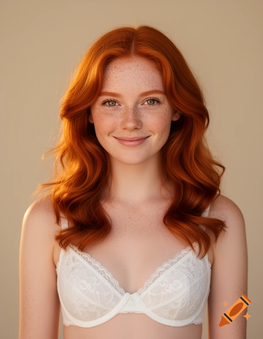Photorealistic portrait of a smiling young woman with red hair and freckles, wearing a white lace bra.