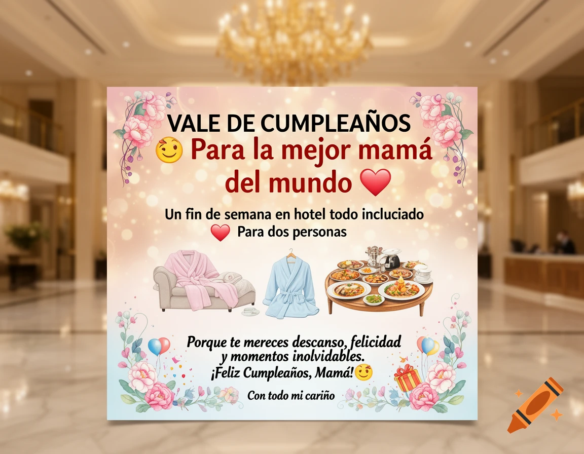 A colorful birthday voucher for 'the best mom' with text in Spanish, featuring bathrobes, a food platter, flowers, balloons, and a gift, set in a hotel lobby.