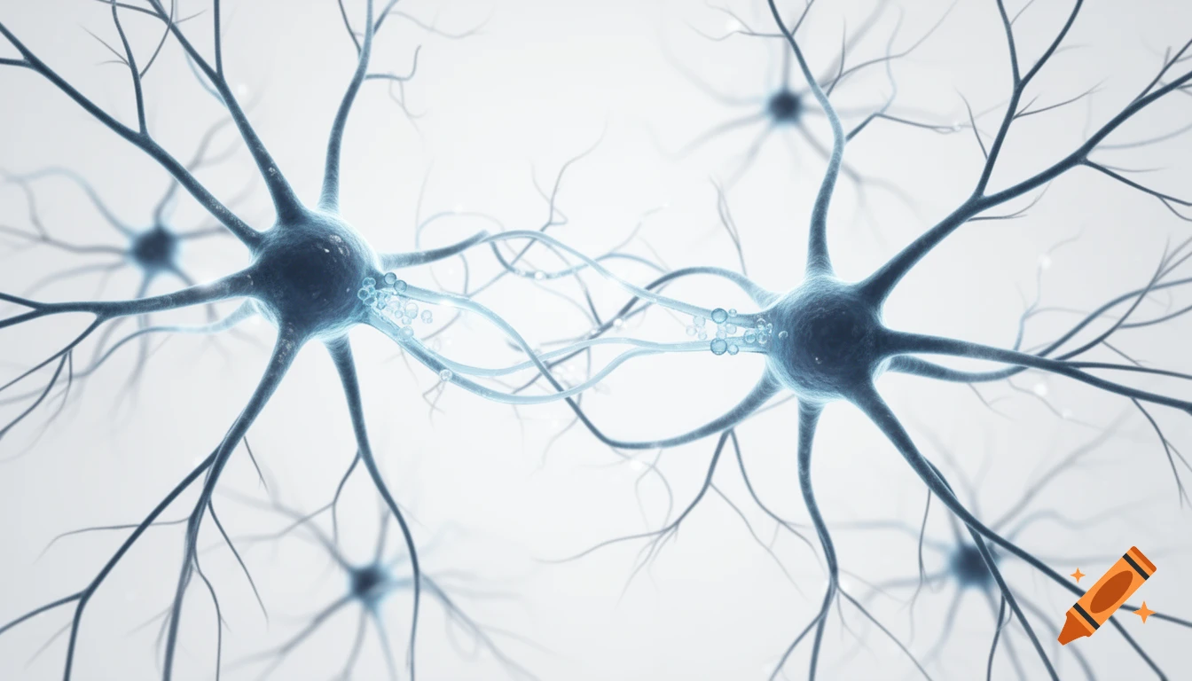 Two blue and grey stylized neurons connect with glowing synapses on a white background.