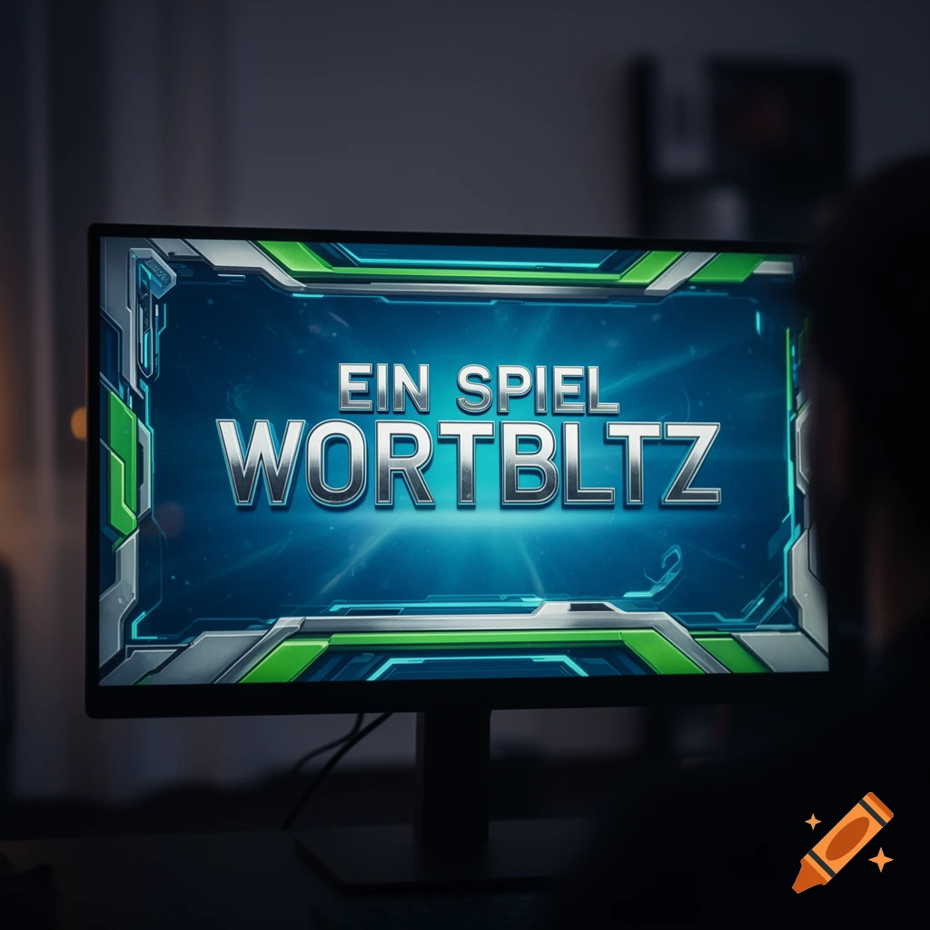 A computer monitor in a dimly lit room displays a game title 'EIN SPIEL WORTBLTZ' with a futuristic green and silver border.