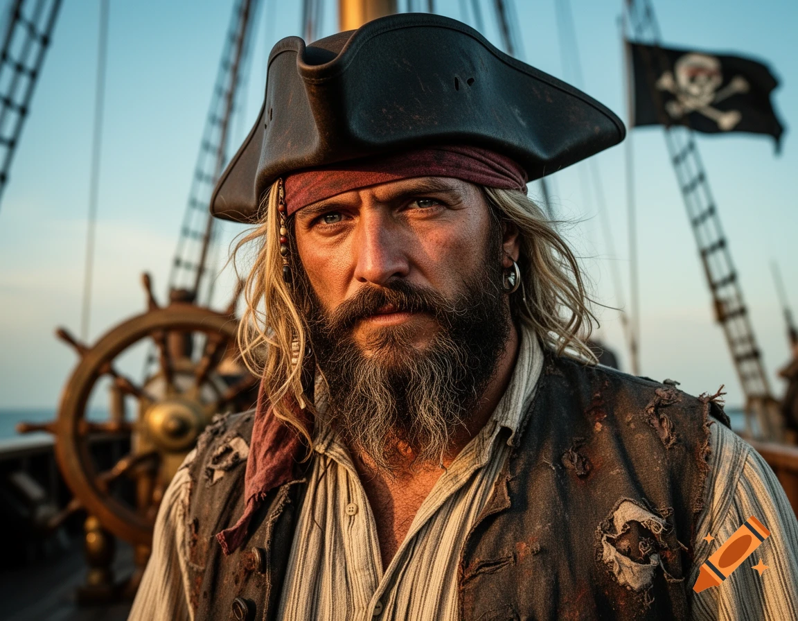 Close-up of a rugged pirate with a beard and tricorn hat on a ship, with a skull and crossbones flag in the background.