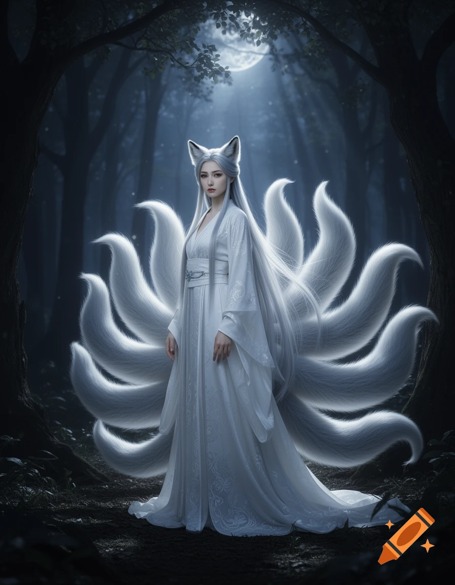 A photorealistic nine-tailed fox spirit woman in a white hanfu dress with long silver hair and nine fluffy tails stands in a mystical moonlit forest.