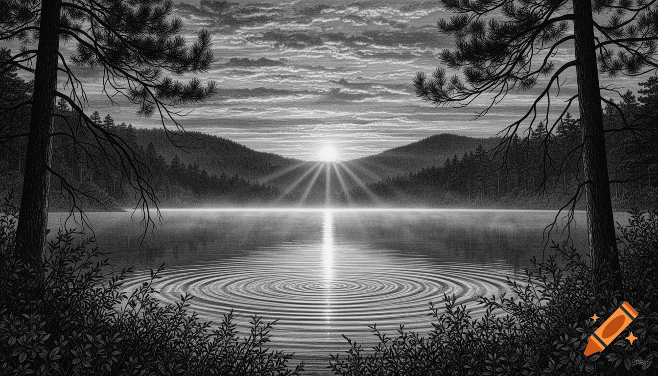 High-contrast black and white engraving of a serene forest lake at sunrise, framed by dark trees and bushes, with sunrays reflecting on water ripples.