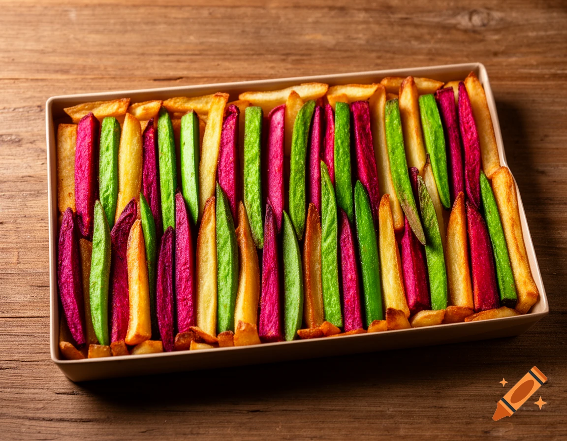 A tray filled with vibrantly colored red, green, and yellow vegetable fries arranged in uniform rows on a wooden surface.