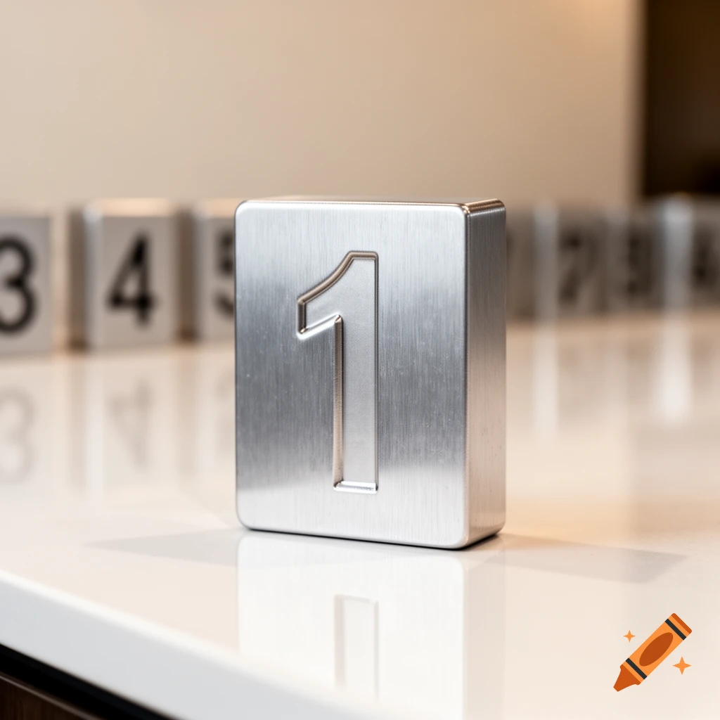 A close-up of a brushed silver number '1' block on a reflective white surface with blurred blocks in the background.