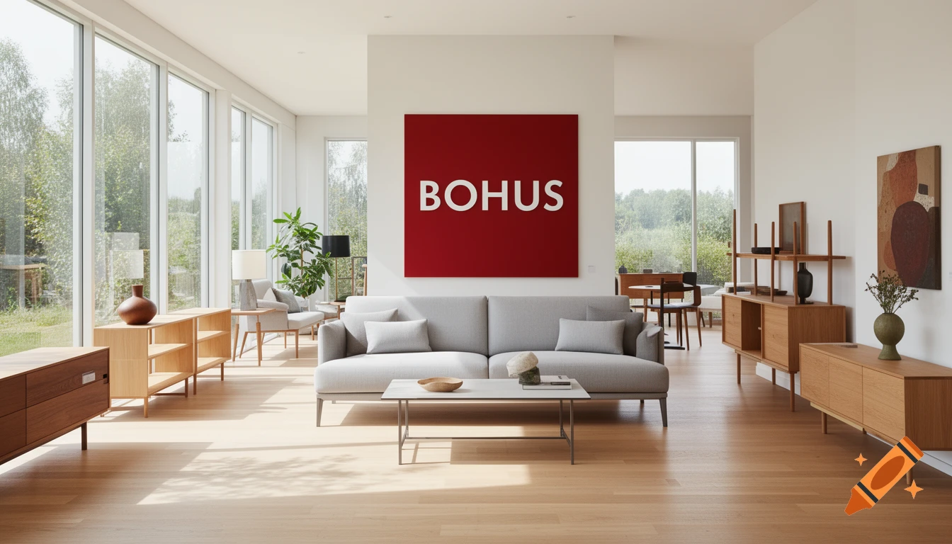 A photorealistic bright Scandinavian living room featuring a light grey sofa, a red sign with "BOHUS", and modern wooden furniture.