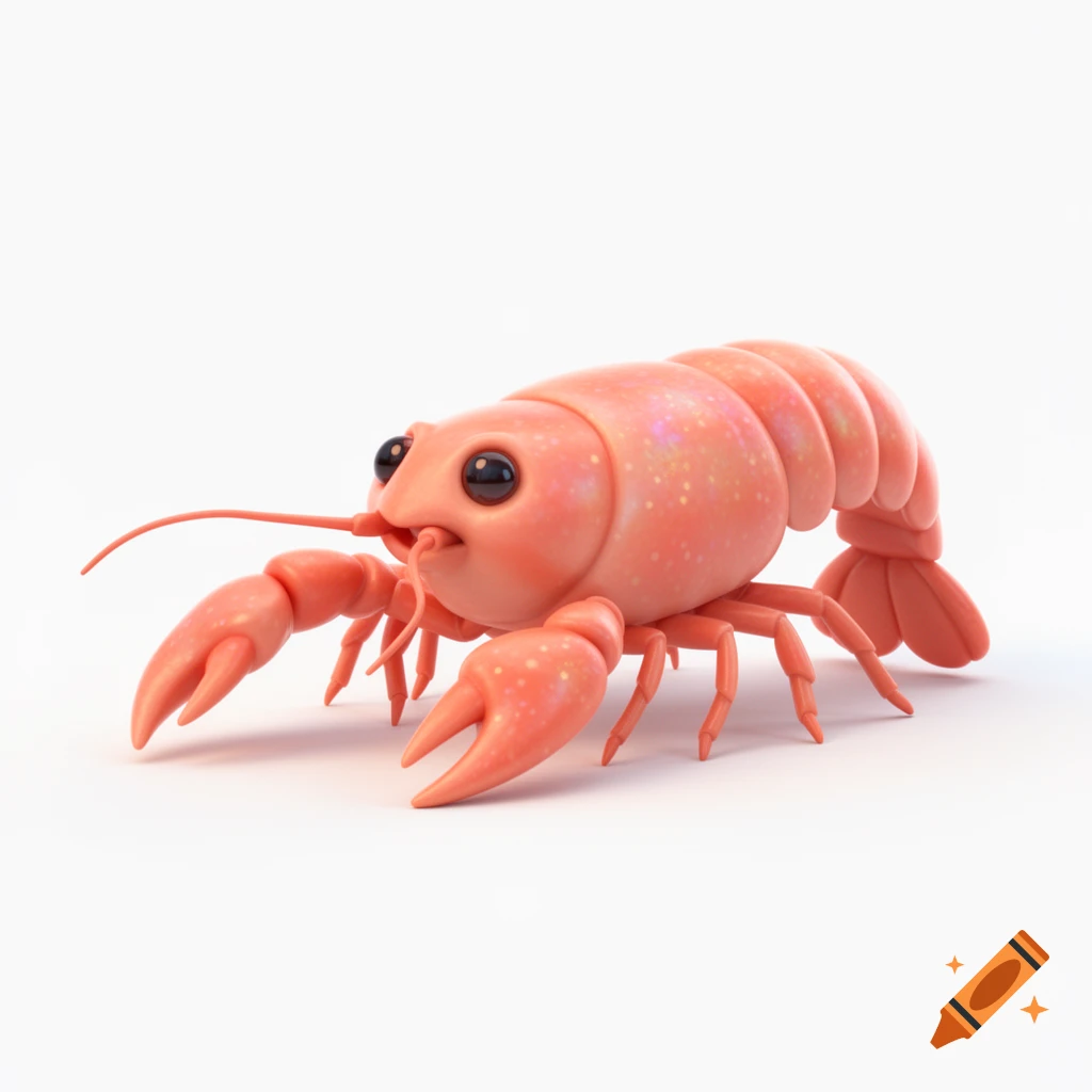 A cute pink 3D rendered crawfish with large eyes on a white background.