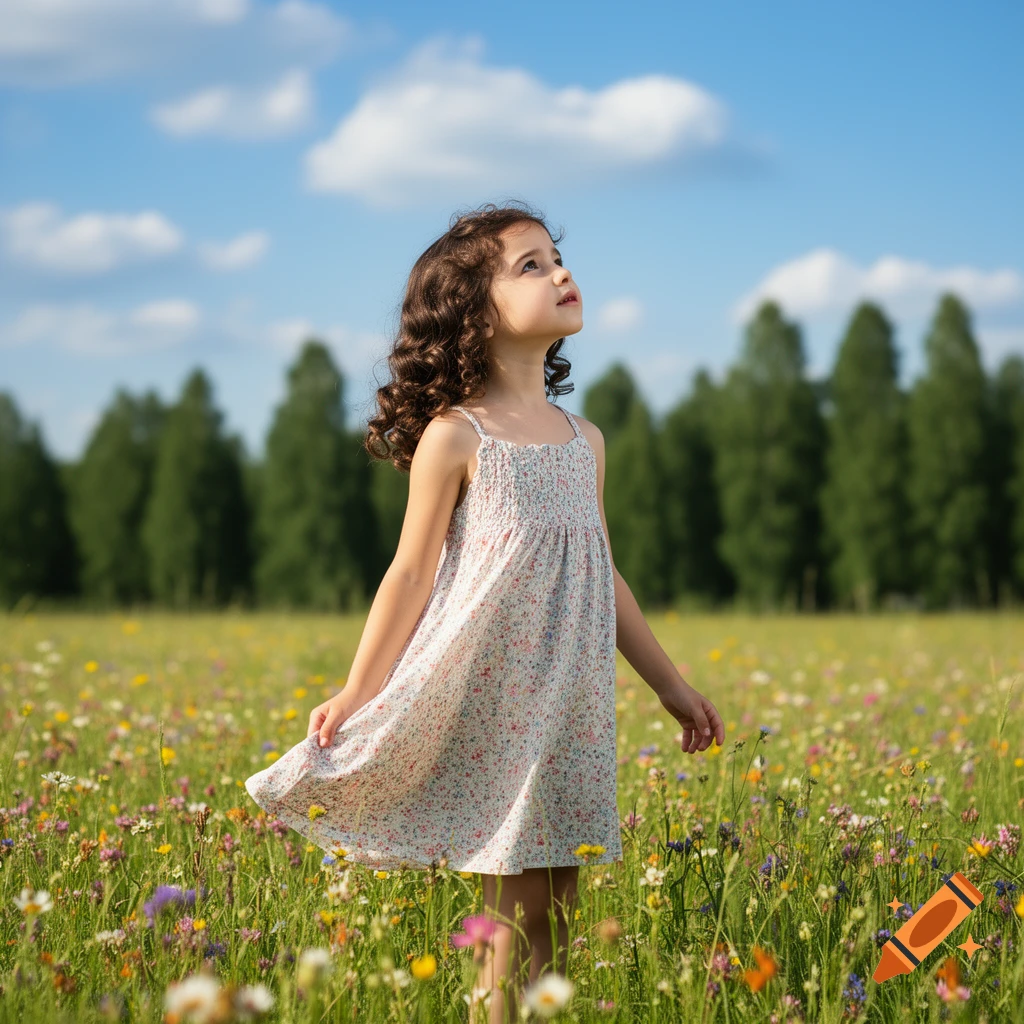 A young girl with curly brown hair in a floral sundress stands in a vibrant wildflower meadow, looking up at a blue sky.