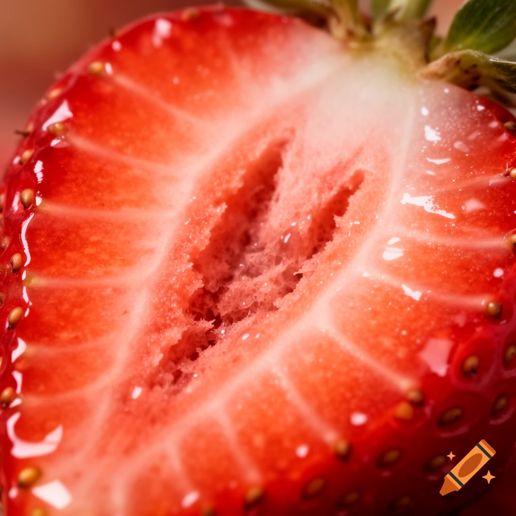 A vibrant, detailed close-up of a halved red strawberry, revealing its juicy interior and tiny seeds.