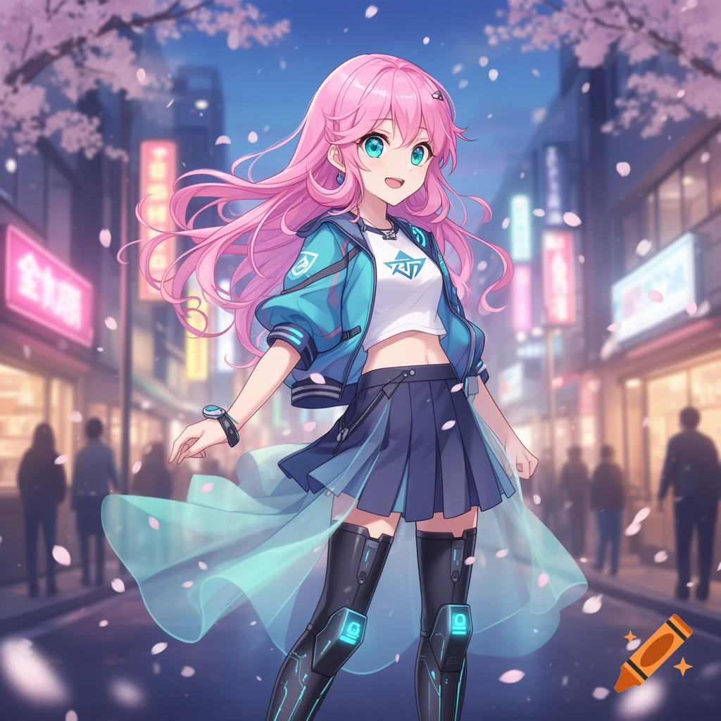 An anime girl with pink hair and bright blue eyes, wearing a cropped white top, blue jacket, and pleated skirt with glowing accents, stands smiling on a city street at dusk with falling cherry blossoms.