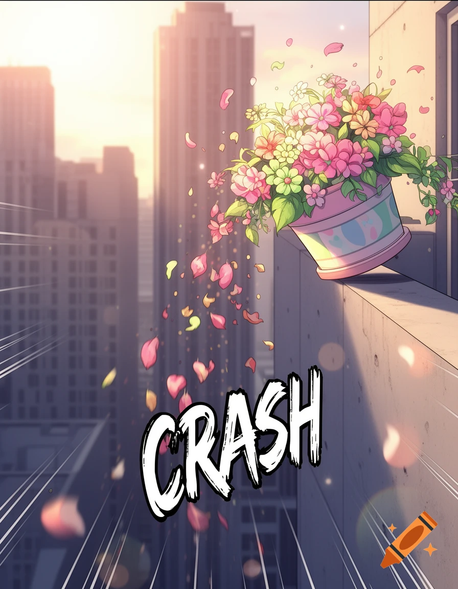Manga style illustration of a flowerpot with pink and green flowers falling from a city balcony at sunset, with 'CRASH' text.