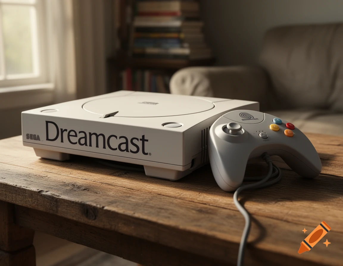 A white Sega Dreamcast console and controller sit on a rustic wooden table in a sunlit room.