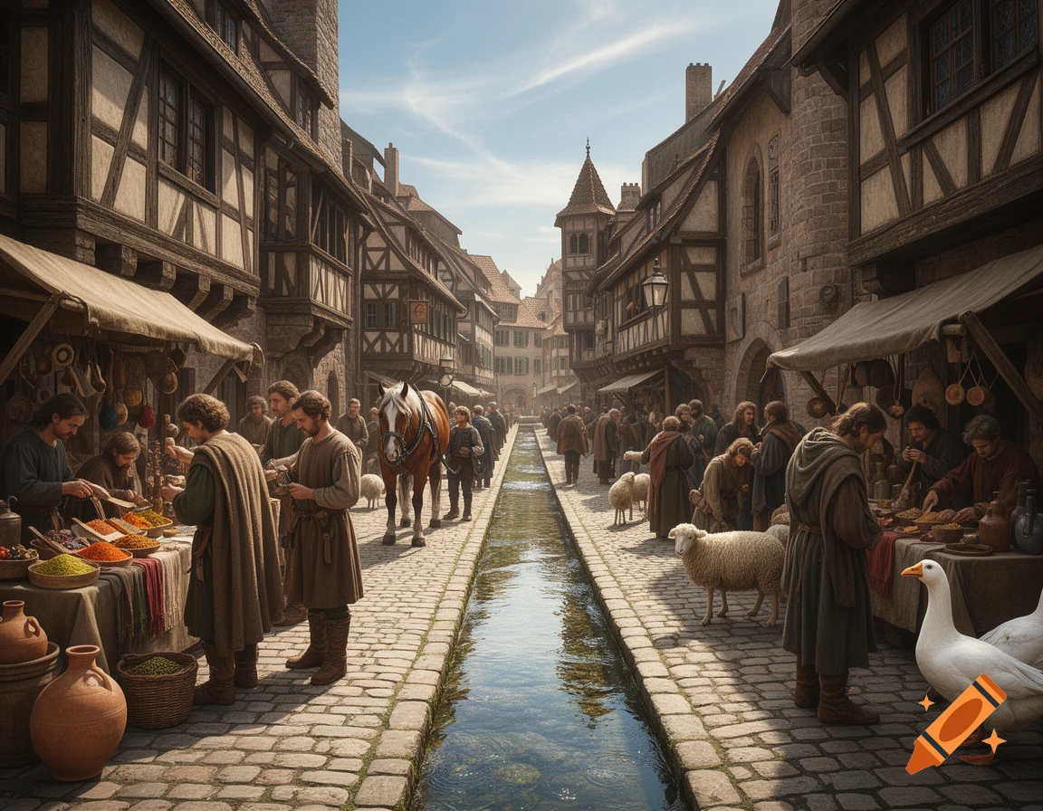 Bustling medieval market street with a central water channel, half-timbered buildings, people trading, horses, sheep, and geese.