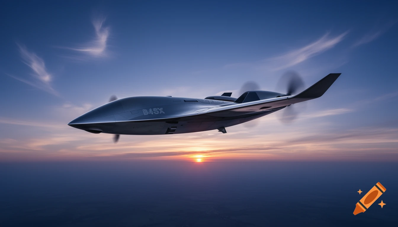 A sleek, dark grey drone with spinning propellers and "B4SX" on its side flies across a colorful sunset sky.