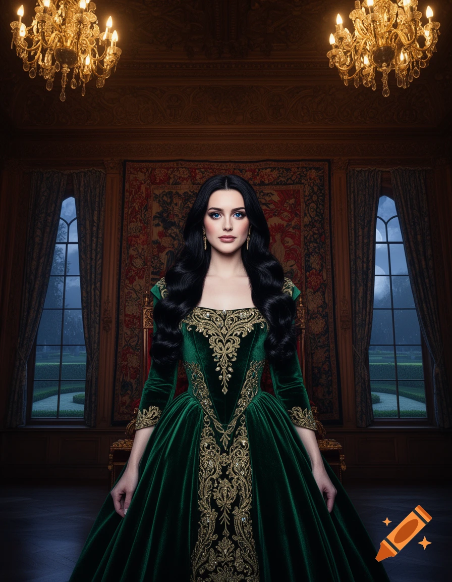 Photorealistic portrait of a queen with long black hair and blue eyes, wearing an elaborate dark green velvet gown, standing in a grand room.