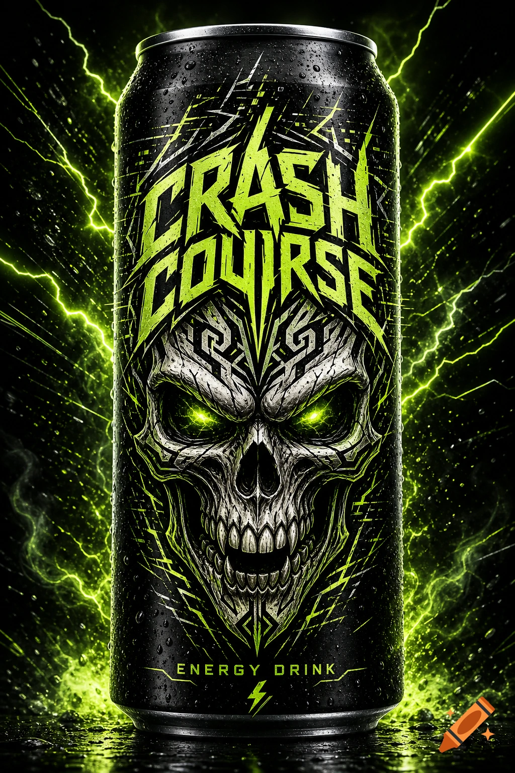 A black energy drink can featuring a vibrant green skull with glowing eyes and "CRASH COURSE ENERGY DRINK" text, surrounded by green lightning.