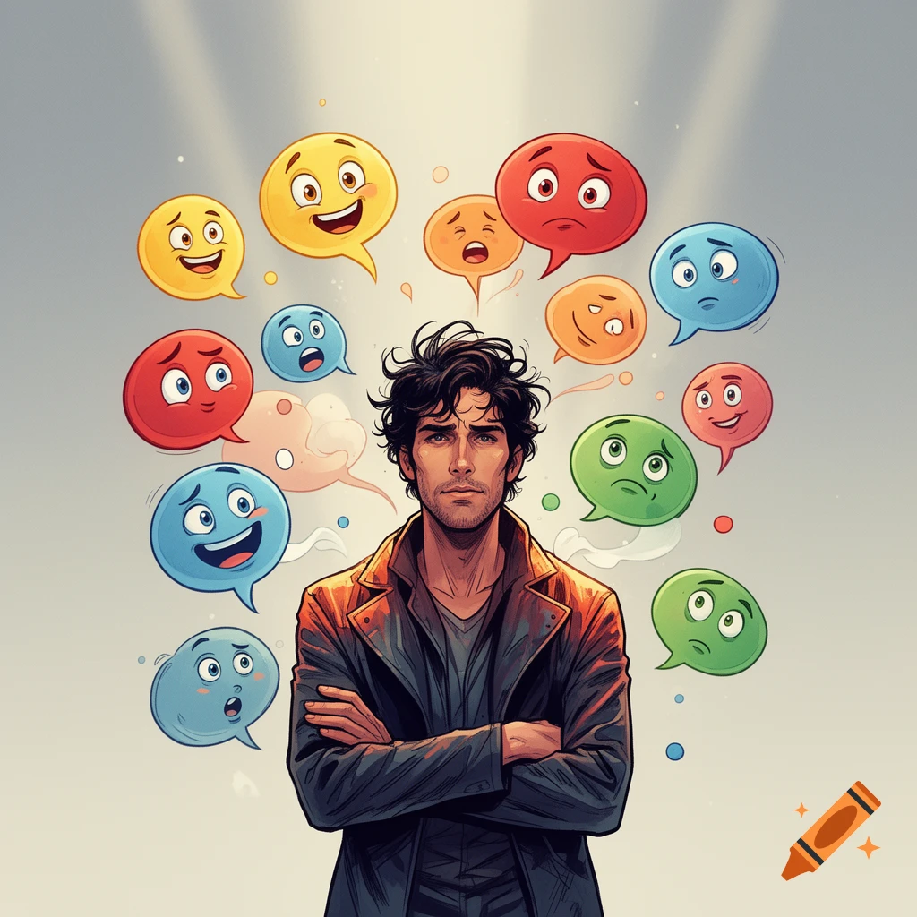 Illustration of a pensive man surrounded by colorful cartoon speech bubbles showing various emotions.