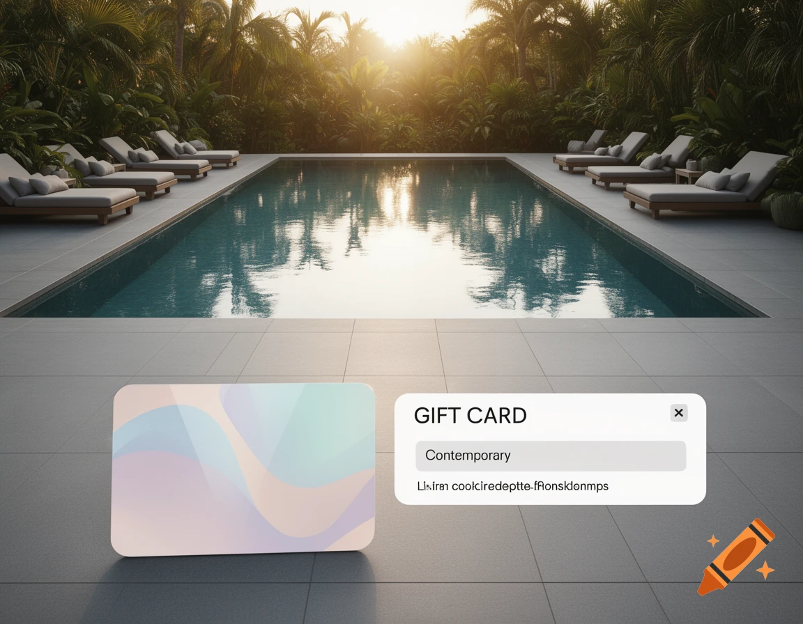 A luxurious swimming pool surrounded by lush tropical plants under a golden sunset, with a gift card and a text input box overlay on the foreground.