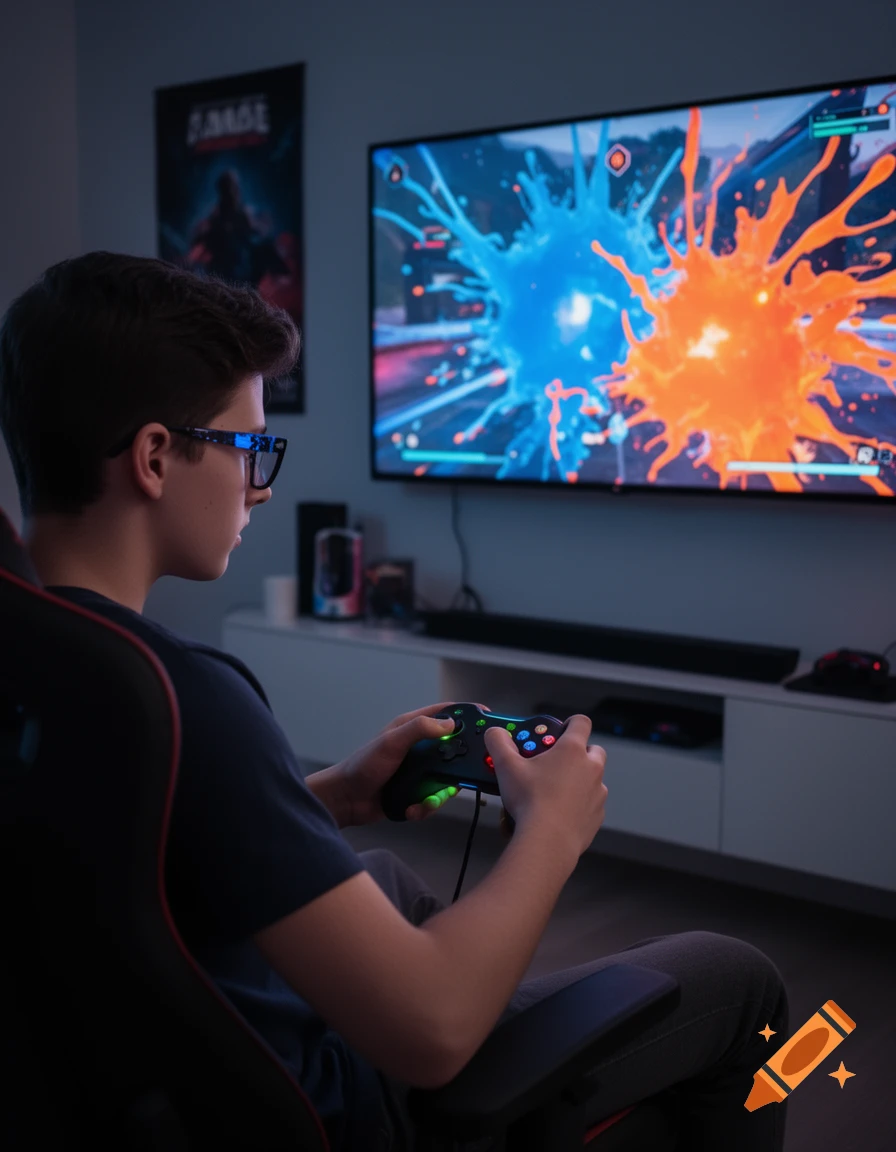 A young person with glasses sitting in a gaming chair, playing a video game on a large TV in a dimly lit room with a glowing controller.