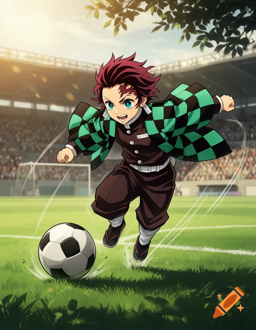 Tanjiro from Demon Slayer plays soccer on a stadium field.